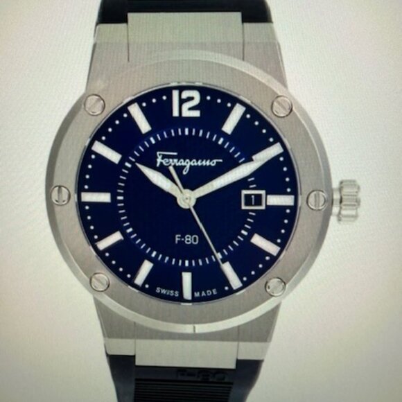 Ferragamo Men's F-80 Watch Classic Blue Leather Strap Blue Dial 42mm & Watch Box - Picture 7 of 13